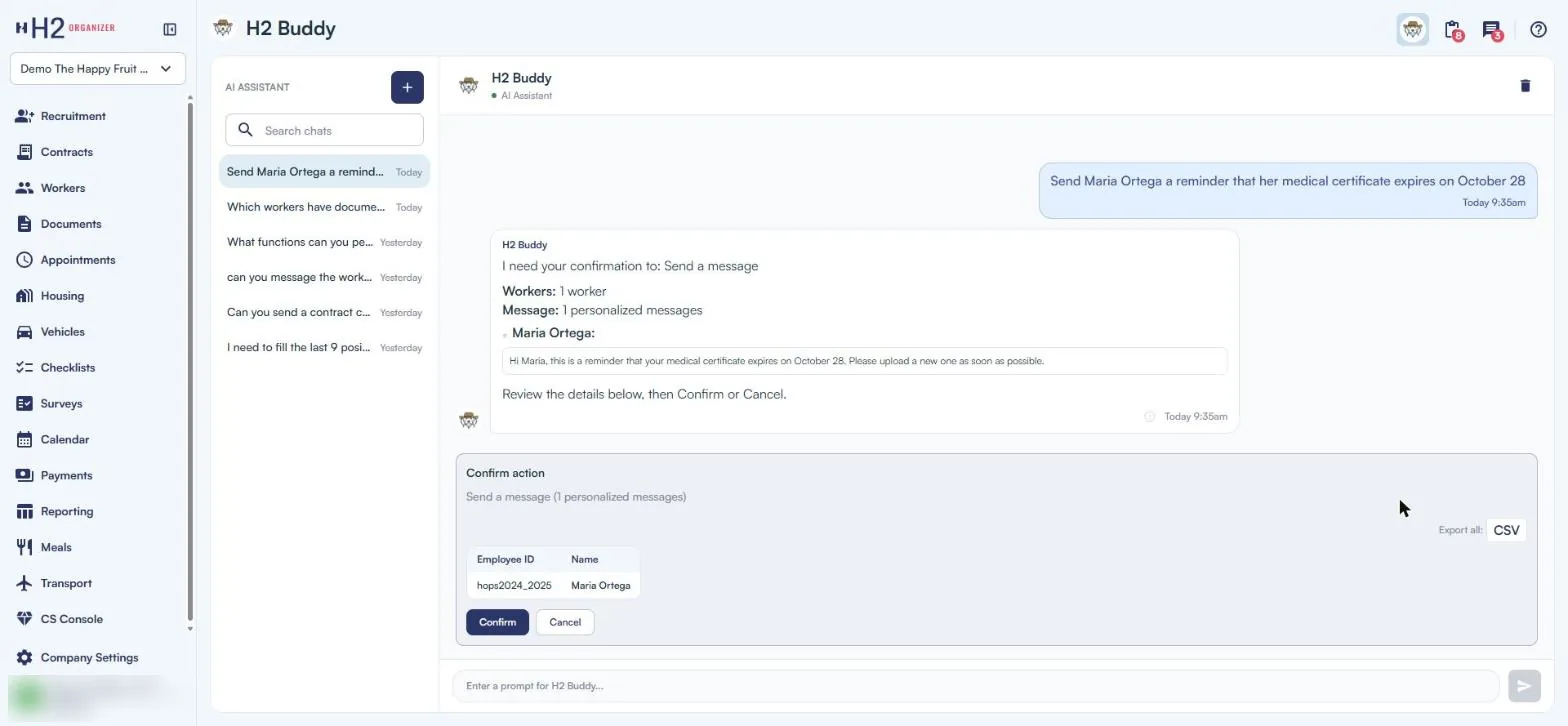 H2 Buddy showing a message and asking for confirmation before it is sent
