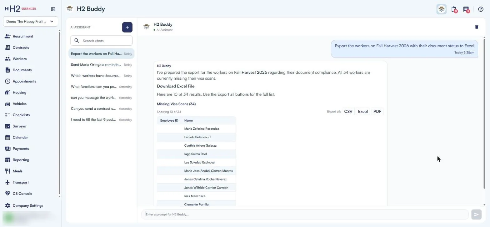 H2 Buddy results with CSV, Excel and PDF export options