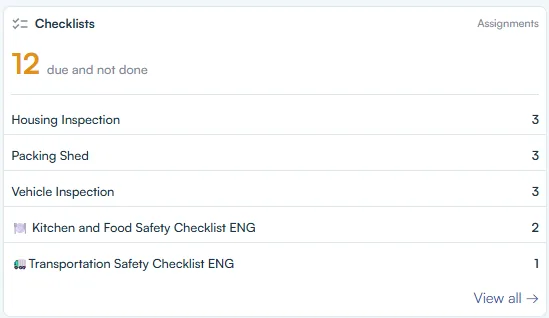 Employer dashboard checklists widget with housing, packing shed and vehicle inspections due
