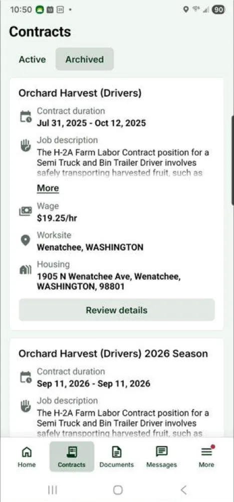 Mi Chamba list of the worker’s archived contracts