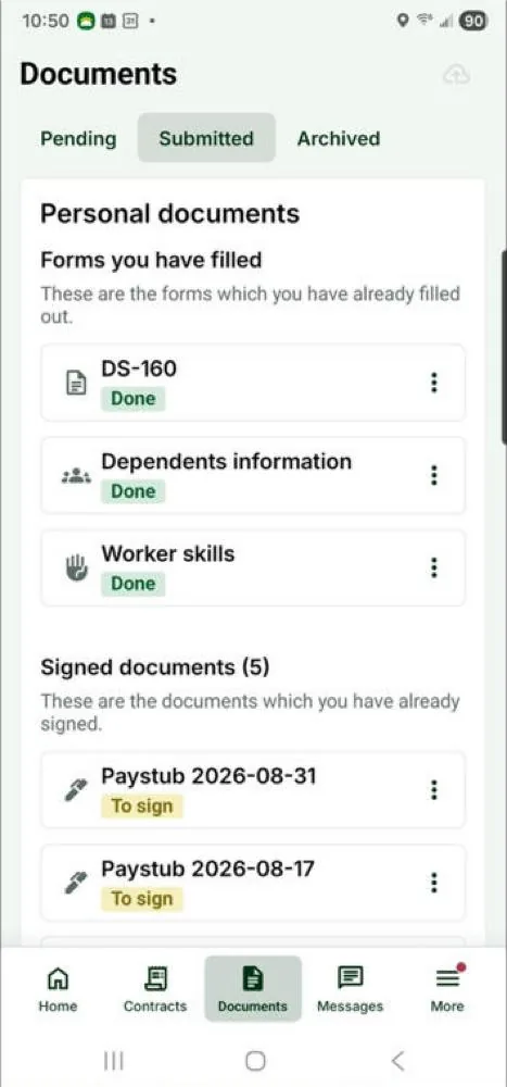 Mi Chamba documents the worker has already submitted