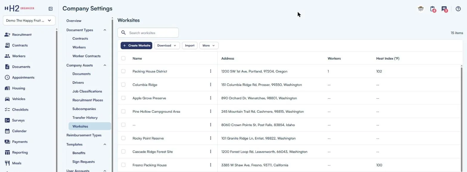 Heat index thresholds listed for each worksite in H2 Organizer