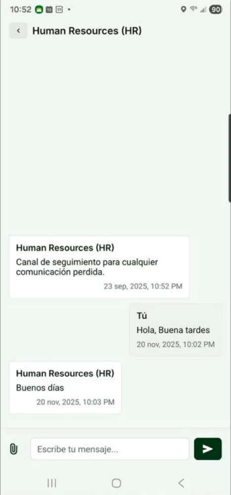 The same Mi Chamba message thread, translated after the app language changes