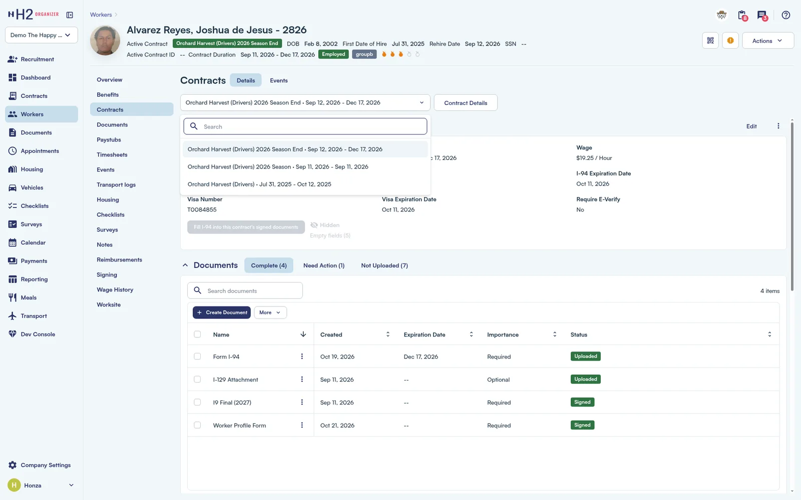 Worker record with the contract menu open, listing this season’s contracts and a 2025 contract