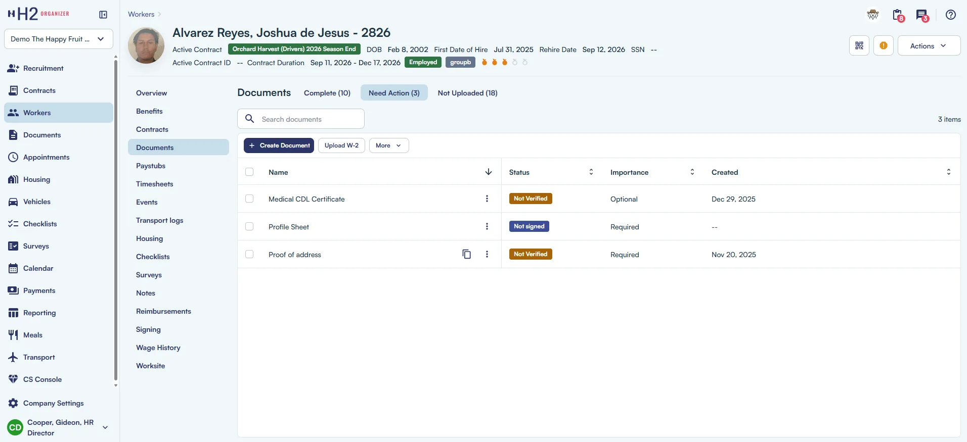 Worker profile Documents tab with 3 documents marked Need Action