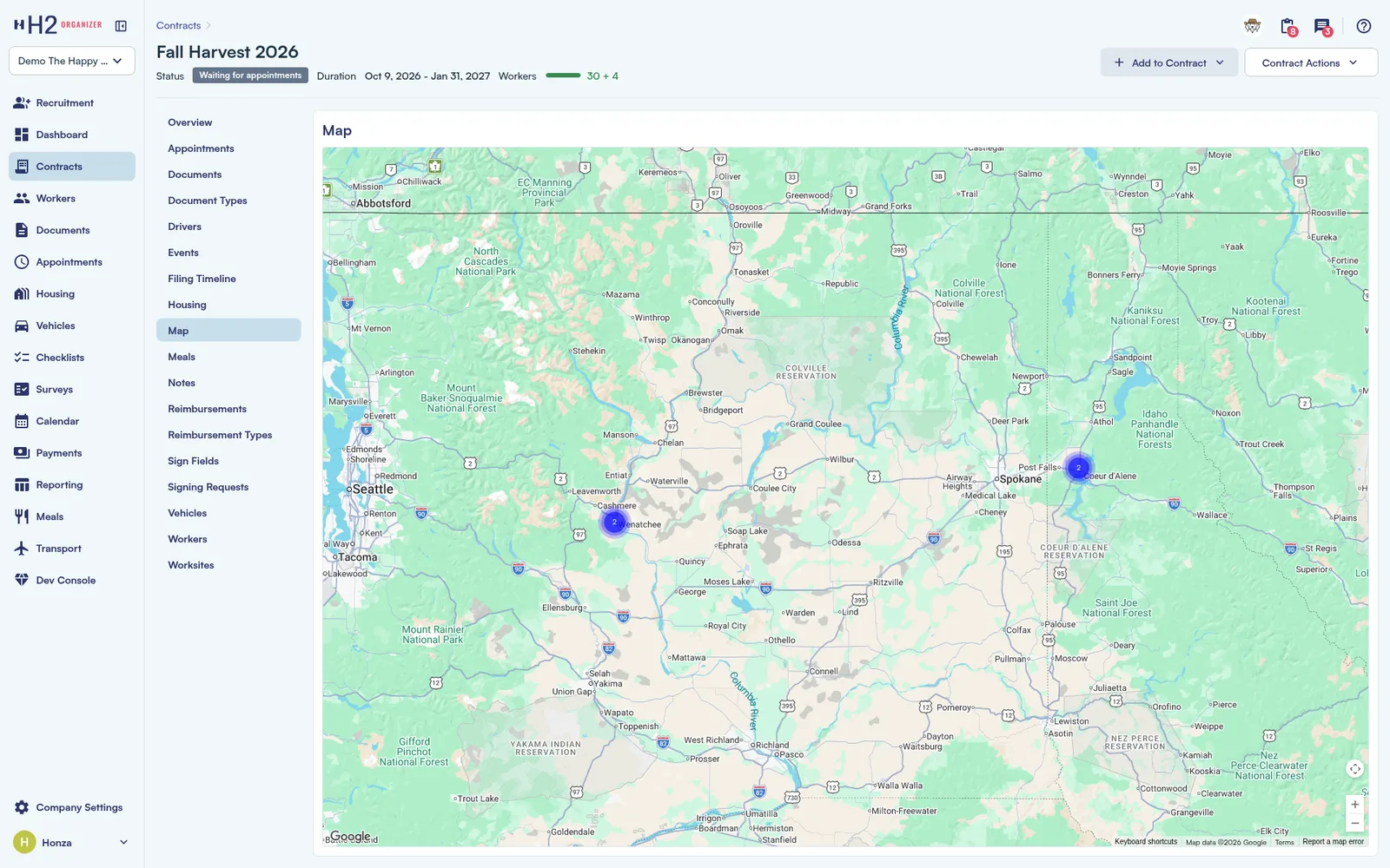 Contract map for Fall Harvest 2026 with worker location pins across the region